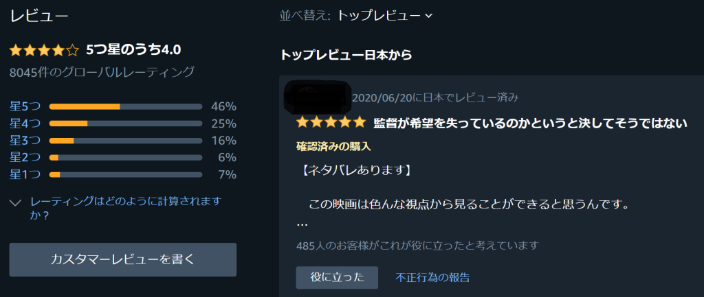 Amazonプライムビデオ　ユーザーレビュー機能